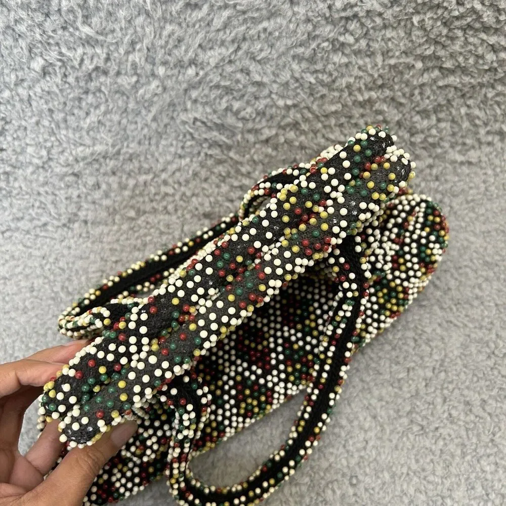 Vintage Purse Black Multicolored Beaded Cloth Clutch Handbag Hong Kong Fun Color